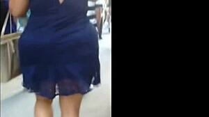 old slut in blue dress chats casually