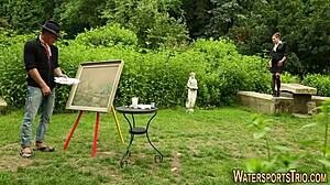 sluts get golden showered outdoors in hardcore group fetish