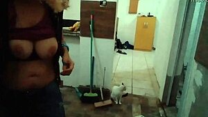 Blonde milf stella shows off her big tits in the kitchen, getting sexy and full on red.