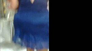 old slut in blue dress chats casually