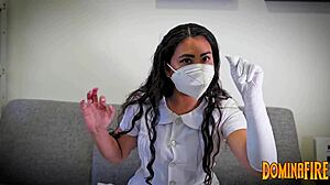 Nurse explores gloves fetish in hospital setting.
