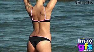 Hot Brunette In Lingerie Masturbates On Beach