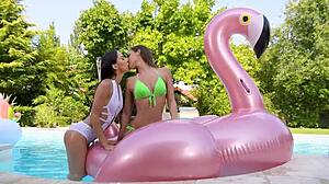 Stunning brunettes amirah adara and lilu moon share double dildo in pool, masturbating with toys.
