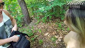 blonde takes a relaxing outdoor walk in the woods