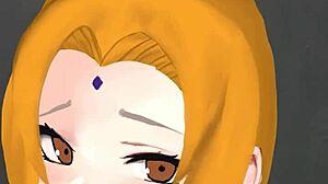 Tsunade gives a casual handjob in hentai