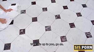 Fragile belle, teen russian with piercing, interrupts cleaning for horny stepbrother's taboo blowjob.