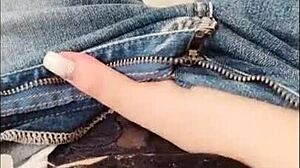 Morning moans while masturbating in tight jeans outdoors