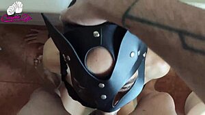 In the bathroom, she gets a masked facefuck with squirting action