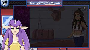 avatar trainer receives footjob from brunette in hentai