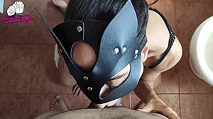 In the bathroom, she gets a masked facefuck with squirting action