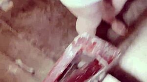 office worker in female outfit masturbates in corridor