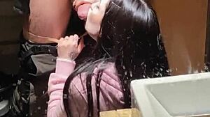 Hot Brunette Couldn't Wait for Home, Bathroom Sex Ignites