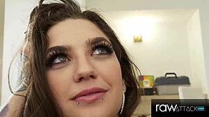 I feel so connected watching this skinny tattooed girl get pounded by rocky's huge cock in various positions, from cowgirl to doggystyle, her petite body trembling.