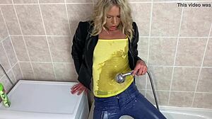 blonde amateur gets her clothes wet in solo fun