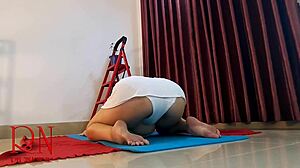 Regina noir strips white panties for nude yoga in gym, clothes ripping slowly