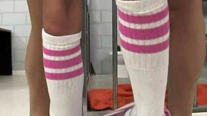 Rebecca Blue stars in teen prison handjob scene with blonde trio.