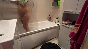 Spying on stepsister's bathroom moment, admiring her big natural boobs and juicy shaved pussy