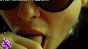 Girl in uniform gives close-up deepthroat blowjob