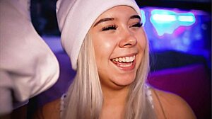 this sexy blonde couple teases on webcam before she sucks his cock outdoors in public