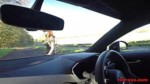 British Mature Redhead Fingers Wet Cunt in Car