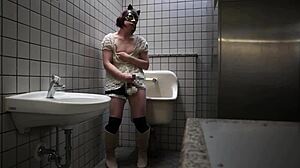 japanese crossdresser ayumi caught masturbating in public toilet, so daring!