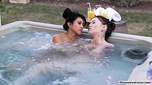 Brunette lesbian facesits asian girlfriend during oral