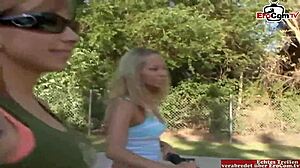 Blonde teen hooked by inked lesbian for dildo play