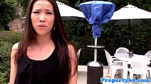 Asian Beauty In Lingerie Pleasures Herself Outdoors At Work