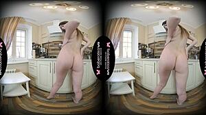 Solo Brunette Jemma Poses in Kitchen with Shaved Pussy for VR Masturbation and Fingering
