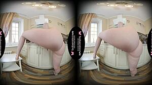 Solo Brunette Jemma Poses in Kitchen with Shaved Pussy for VR Masturbation and Fingering