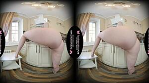 Solo Brunette Jemma Poses in Kitchen with Shaved Pussy for VR Masturbation and Fingering