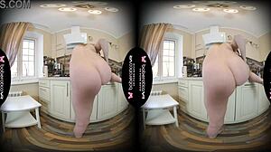 Solo Brunette Jemma Poses in Kitchen with Shaved Pussy for VR Masturbation and Fingering