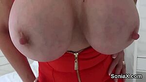 Unfaithful mature Sonia flashes huge natural tits for fun! 😍