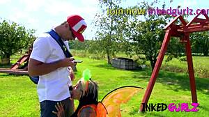 Emo punk fairy in tattoos gets caught outdoors and fucked with deepthroat facial