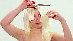 submissive bitch has her hair chopped off