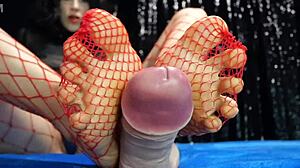 Fishnet Footjob Femdom POV Slave Tease With Realistic Dildo Long Legs Brunette Goddess