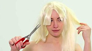 submissive bitch has her hair chopped off