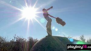 Drew catherine, that petite canadian babe, shows off her shaved pussy in the great outdoors, it's so inviting!