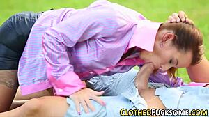 clothed babe gets messy cumshot in hot 3some 😍