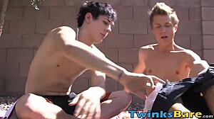 Ik keek naar deze twinks die bareback buiten neuken, hun grote lullen kloppen, eindigt met zaad voeren overal