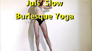 i's got natural tattooed tits doing slow burlesque yoga as a milf