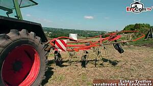 Skinny German mature milf enjoys outdoor sex with a farmer.