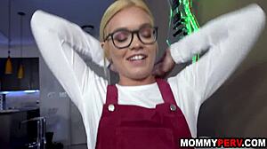 Stepsister creeps in during stepmom's wild bedroom romp.