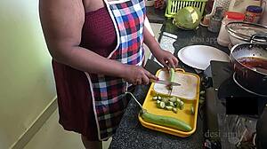 my indian girlfriend experiments with brinjal in kitchen while alone at home today