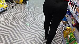 She flashed her boobs in heels at the shop