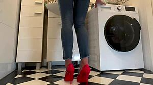 wetting her jeans in red high heels, playing with pee
