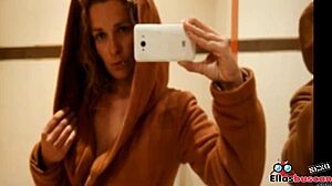 Blonde woman in public bathroom looking for company