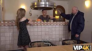 yo, watch this petite minx get creampied by boyfriend's dad!