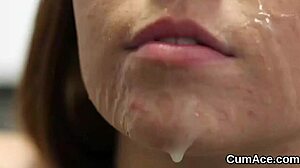 playful babe receives cum load on face gulping every drop