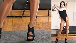 asian girl practices her dance in pantyhose and leotard